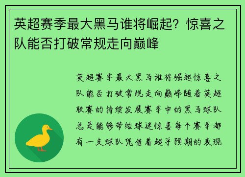 英超赛季最大黑马谁将崛起？惊喜之队能否打破常规走向巅峰